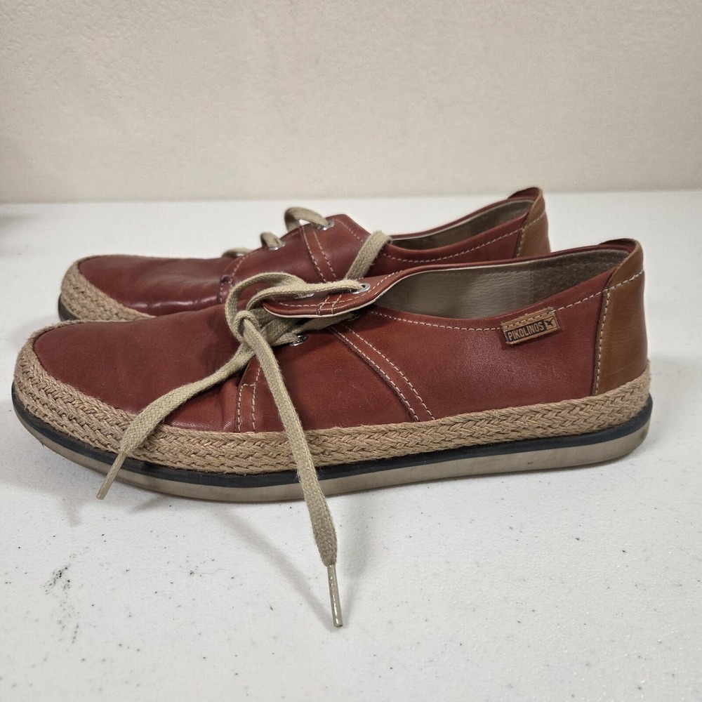 Pikolinos Brown Leather Lace-Up Espadrille Casual Shoes